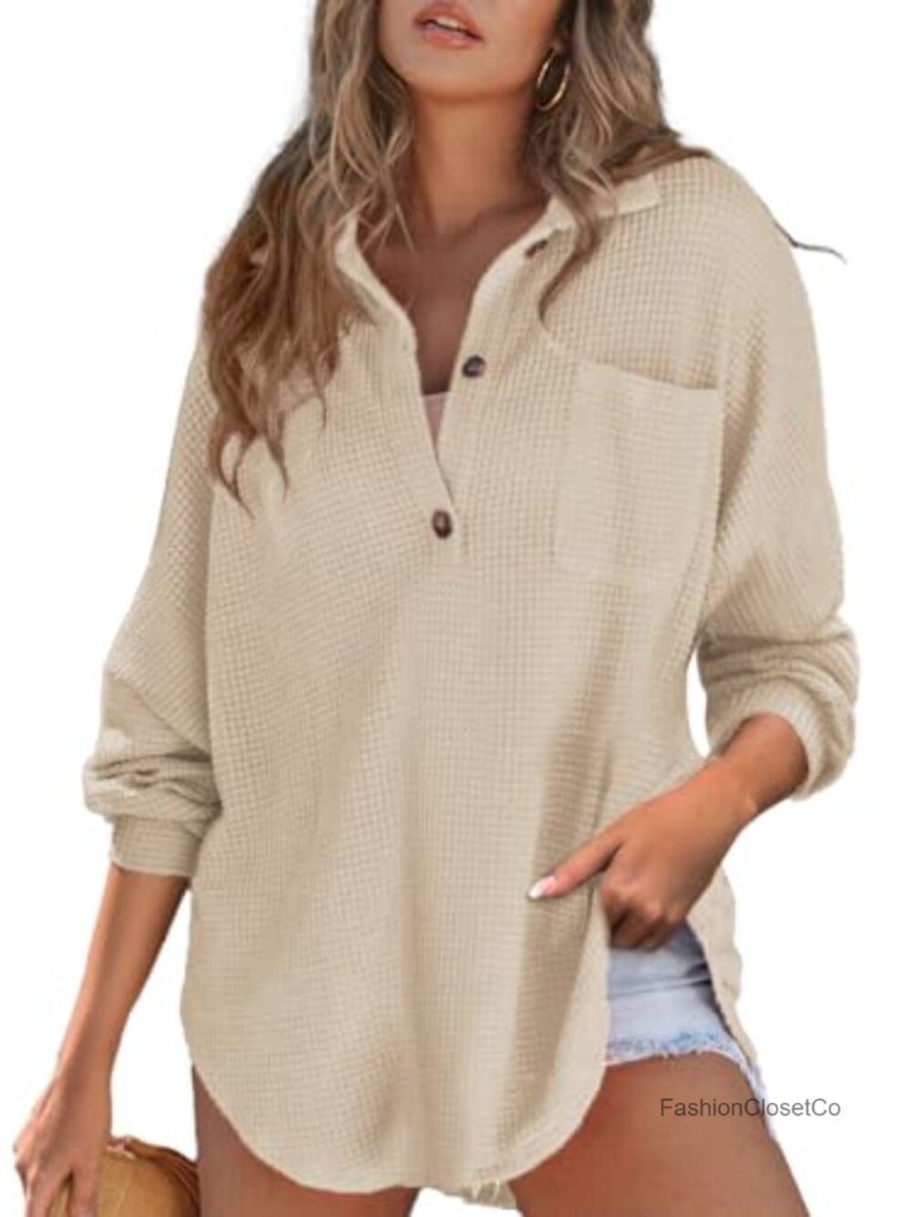 Waffle Knit Henley Shirt Button Down Long Sleeve Oversized Tunic